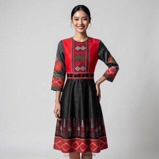 Red-and-black velvet dress with flared skirt, ethnic brocade